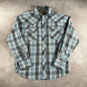 Wrangler Western Plaid Blue Grey Long Sleeve Button Down